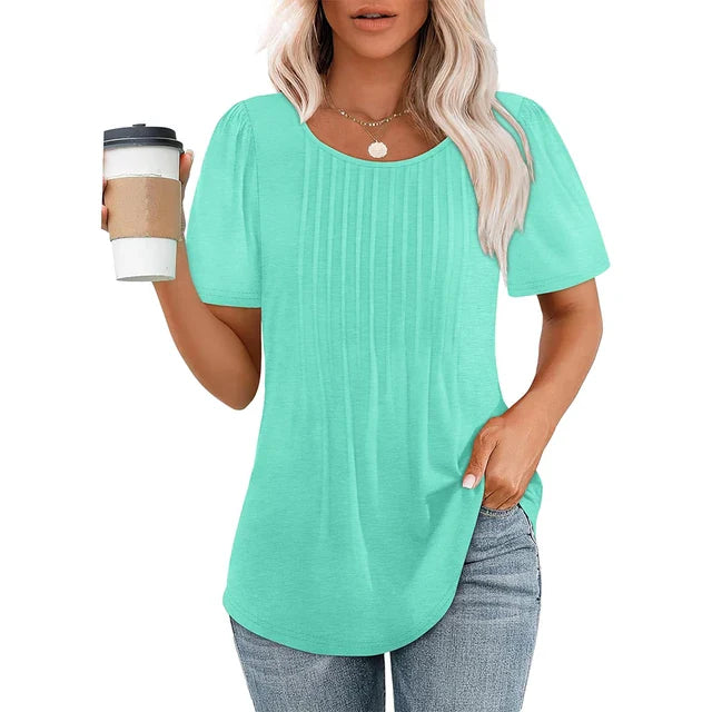 Elegante camicetta casual plissettata da donna – scollo tondo e manica corta