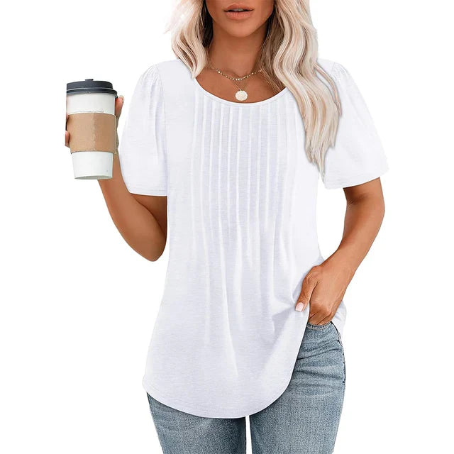 Elegante camicetta casual plissettata da donna – scollo tondo e manica corta