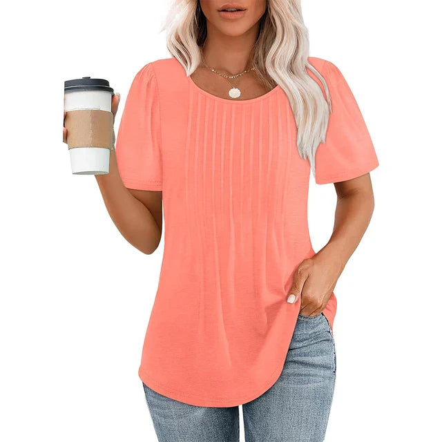 Elegante camicetta casual plissettata da donna – scollo tondo e manica corta