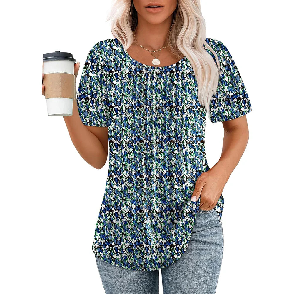 Elegante camicetta casual plissettata da donna – scollo tondo e manica corta