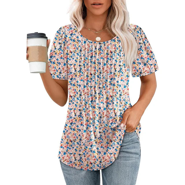 Elegante camicetta casual plissettata da donna – scollo tondo e manica corta