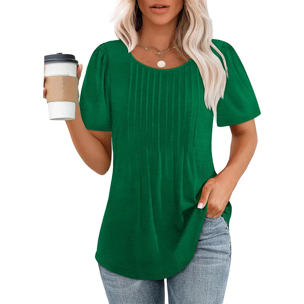 Elegante camicetta casual plissettata da donna – scollo tondo e manica corta