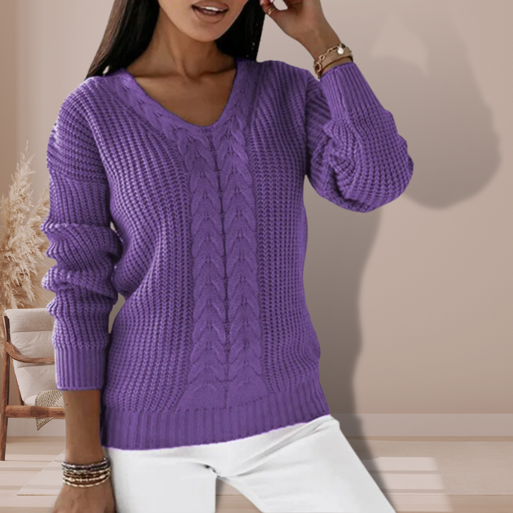 Maglione a trecce con scollo a V da donna – Maglione invernale casual