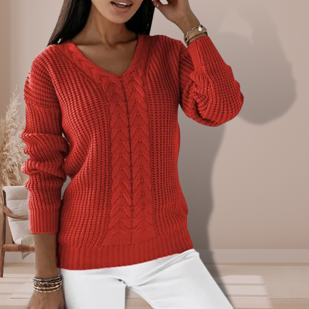 Maglione a trecce con scollo a V da donna – Maglione invernale casual