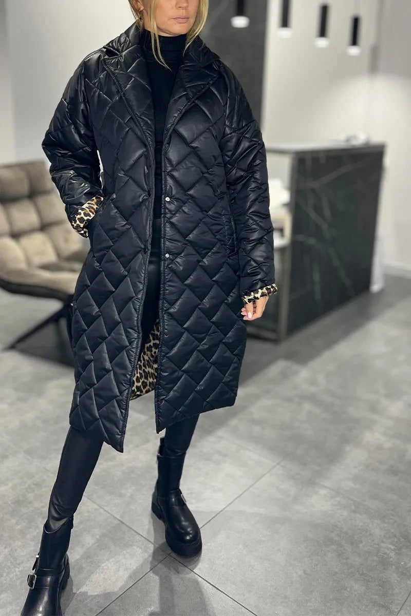 Cappotto trapuntato di media lunghezza da donna Premium - Elegante cappotto con stampa leopardata
