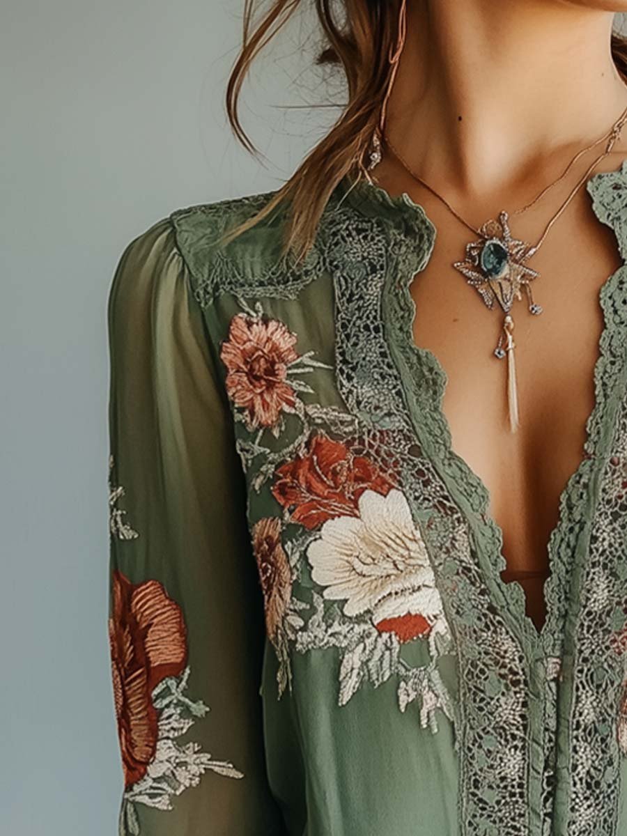 Camicetta in pizzo con stampa floreale da donna – Elegante top alla moda