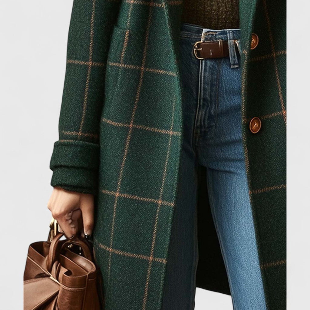 Cappotto da donna in tweed a quadri – Colletto con revers a lancia e motivo scozzese classico