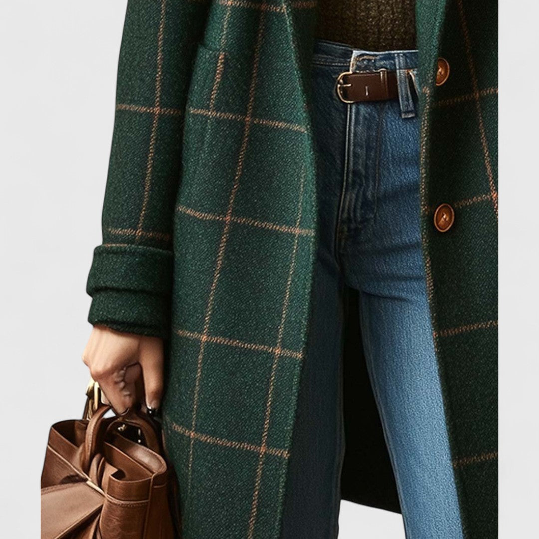 Cappotto da donna in tweed a quadri – Colletto con revers a lancia e motivo scozzese classico