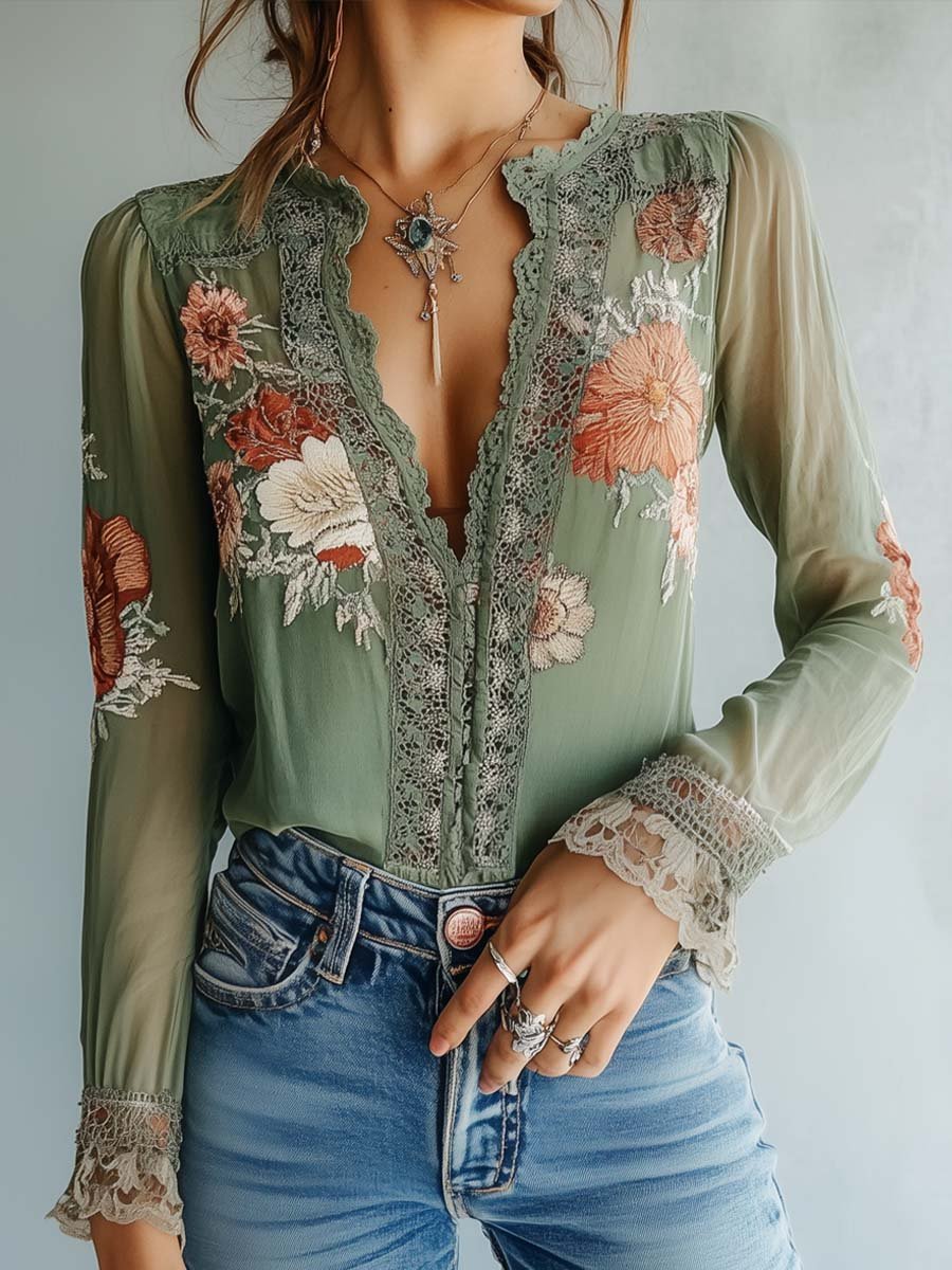 Camicetta in pizzo con stampa floreale da donna – Elegante top alla moda