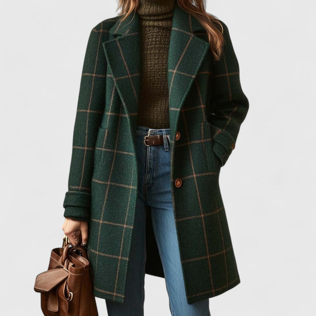 Cappotto da donna in tweed a quadri – Colletto con revers a lancia e motivo scozzese classico