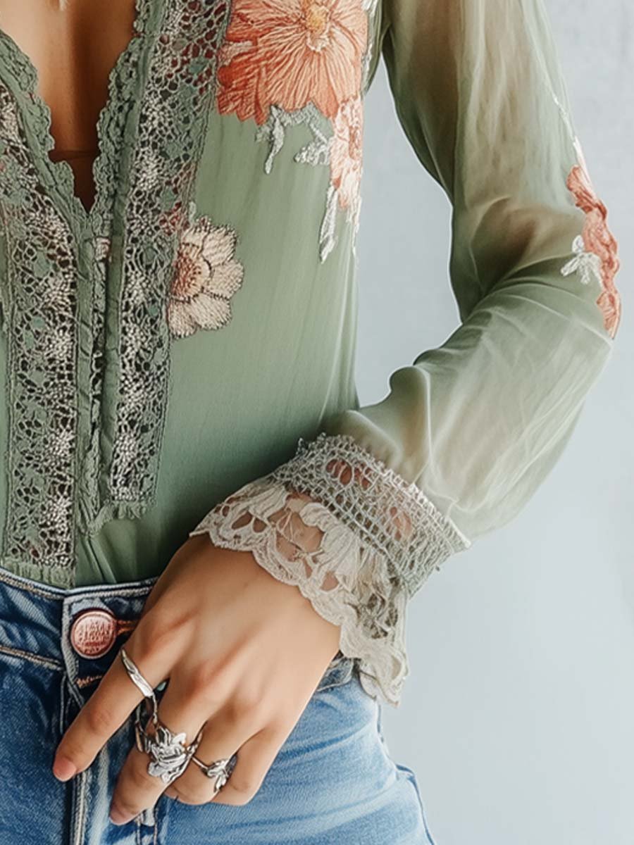 Camicetta in pizzo con stampa floreale da donna – Elegante top alla moda