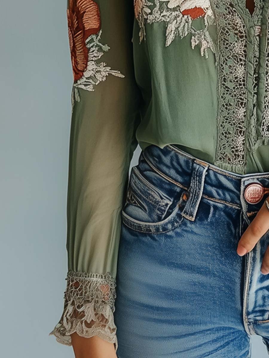 Camicetta in pizzo con stampa floreale da donna – Elegante top alla moda