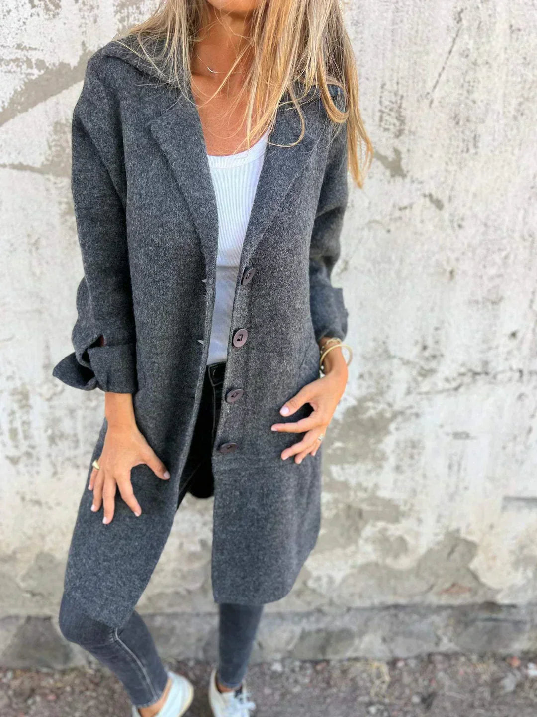 Giacca oversize in tweed da donna – Collo con revers dentellato e bottoni chic
