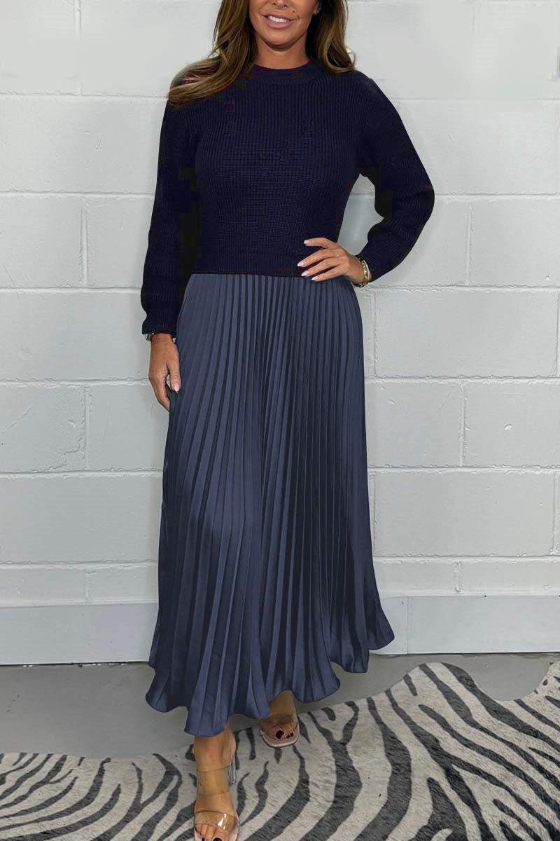 Completo donna invernale – Maglione in maglia e gonna plissé in raso eleganti