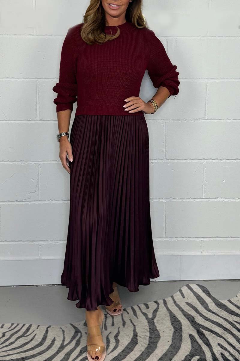 Completo donna invernale – Maglione in maglia e gonna plissé in raso eleganti