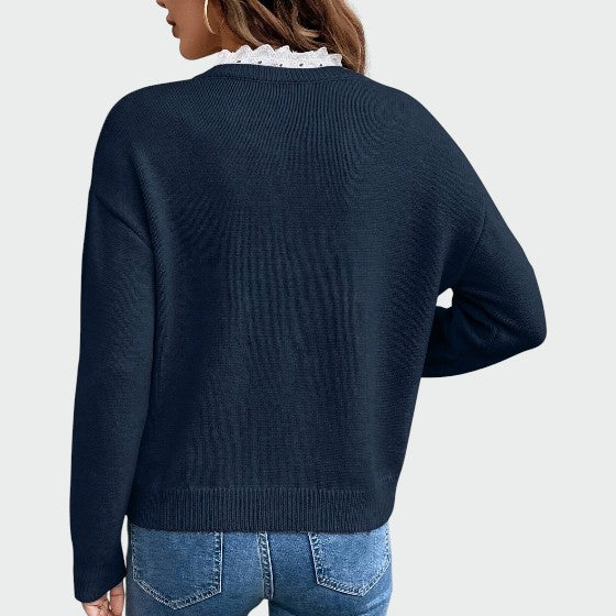 Maglione da donna con scollo a V e bordo in pizzo – Top elegante e alla moda