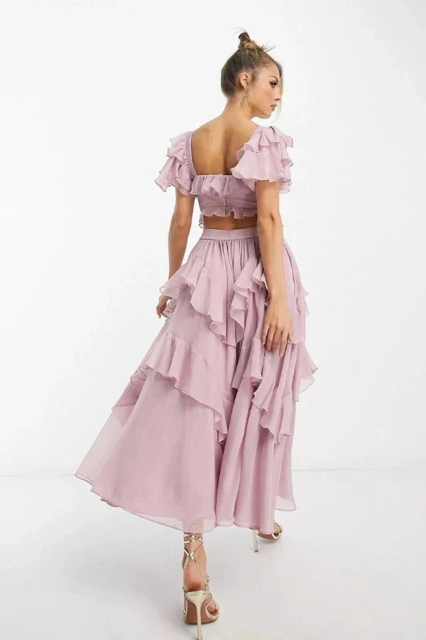 Women's pink midi set with ruffled sleeves and corset detail – Elegant two-piece set