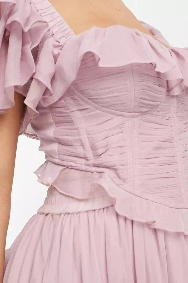 Women's pink midi set with ruffled sleeves and corset detail – Elegant two-piece set
