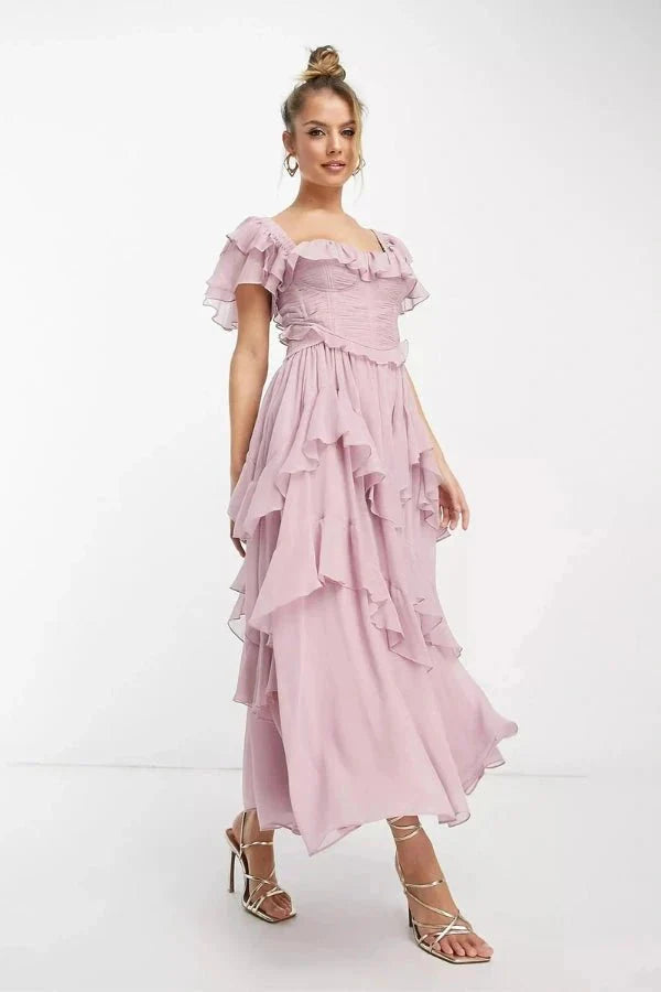 Women's pink midi set with ruffled sleeves and corset detail – Elegant two-piece set