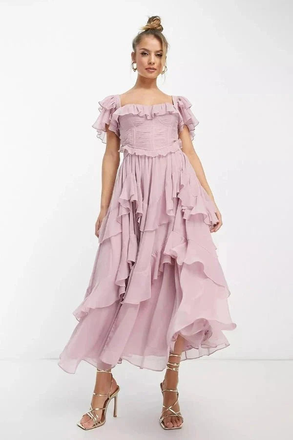 Women's pink midi set with ruffled sleeves and corset detail – Elegant two-piece set