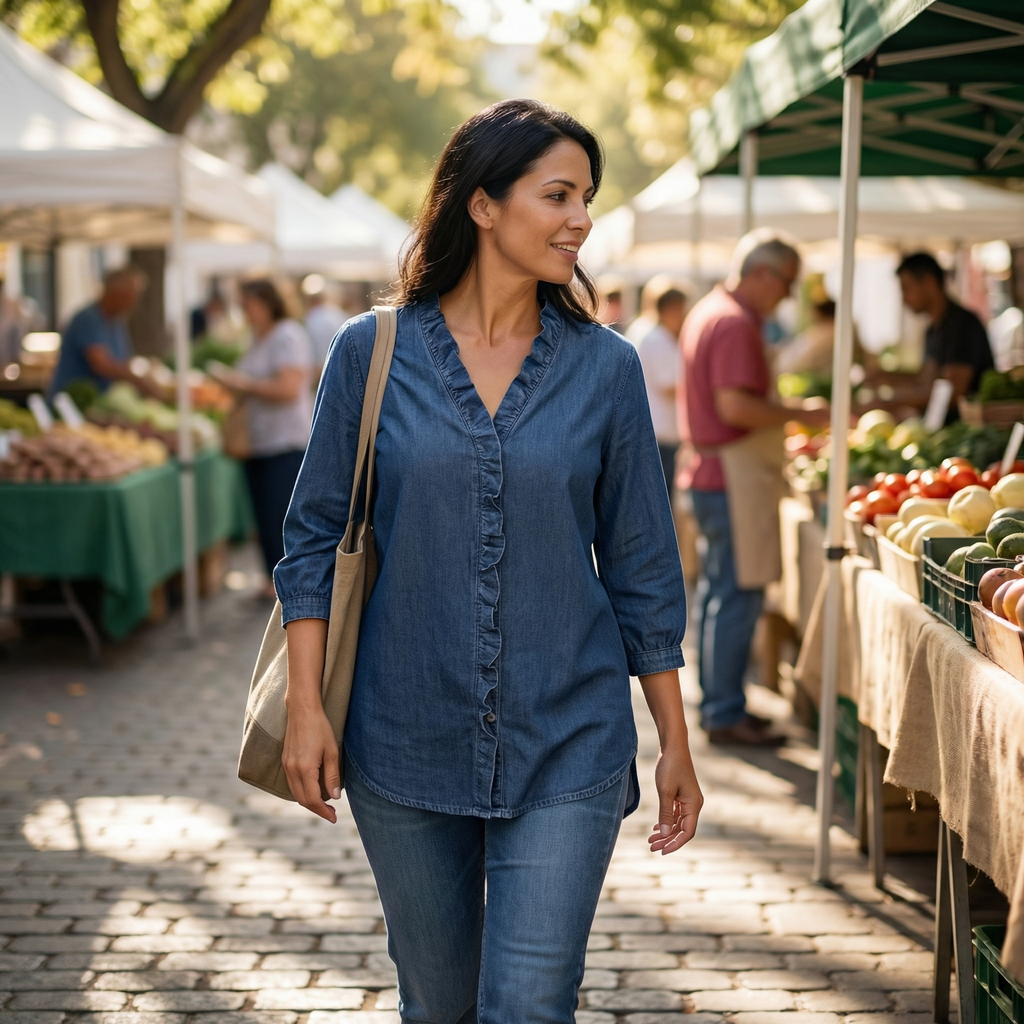 Blouse en jean à col en V et volants Vivara - Douce et féminine