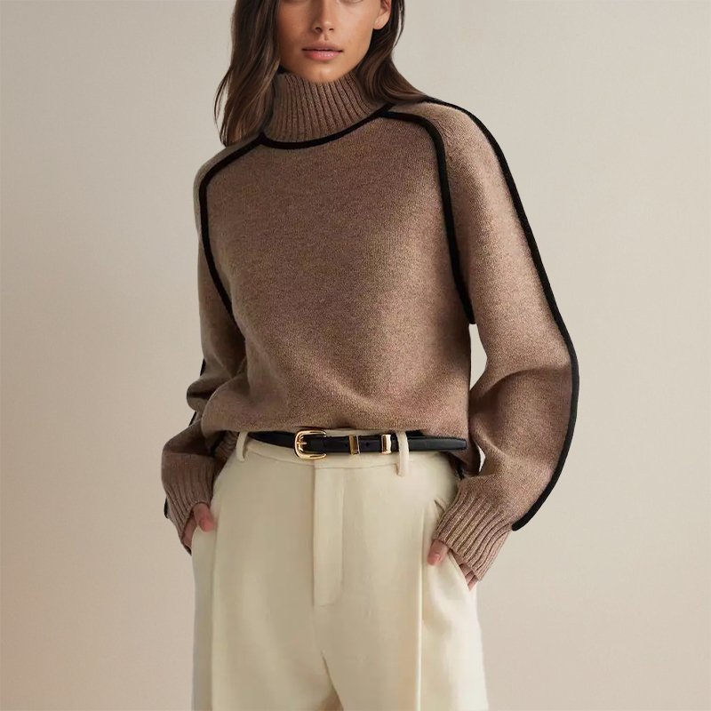 Maglione dolcevita caldo da donna - Design blocco di colore, maglione casual per autunno e inverno