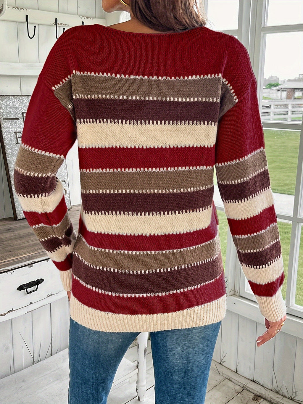 Maglione Donna Colorato Girocollo - Maglia a Maniche Lunghe con Spalle Scese