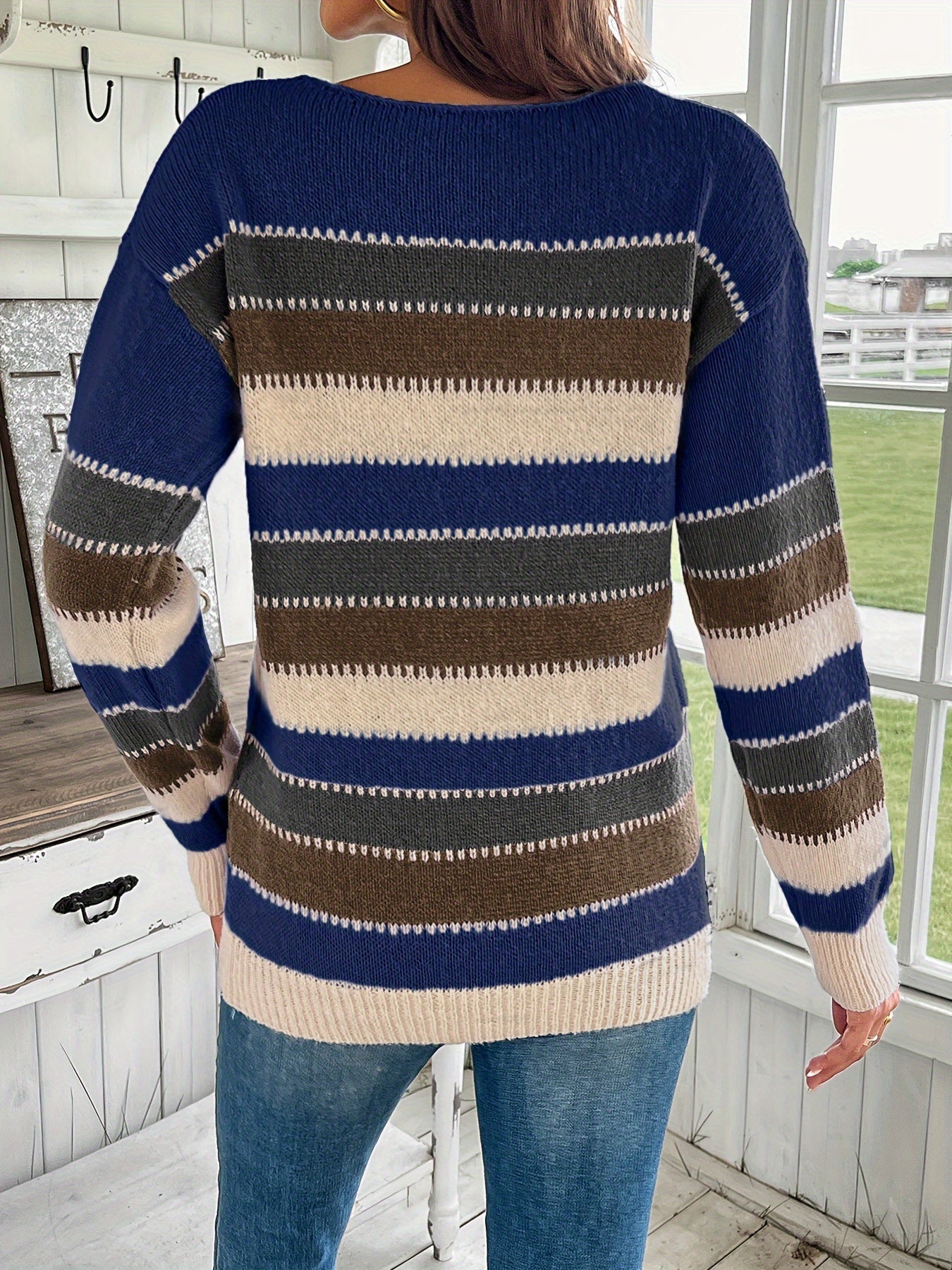 Maglione Donna Colorato Girocollo - Maglia a Maniche Lunghe con Spalle Scese