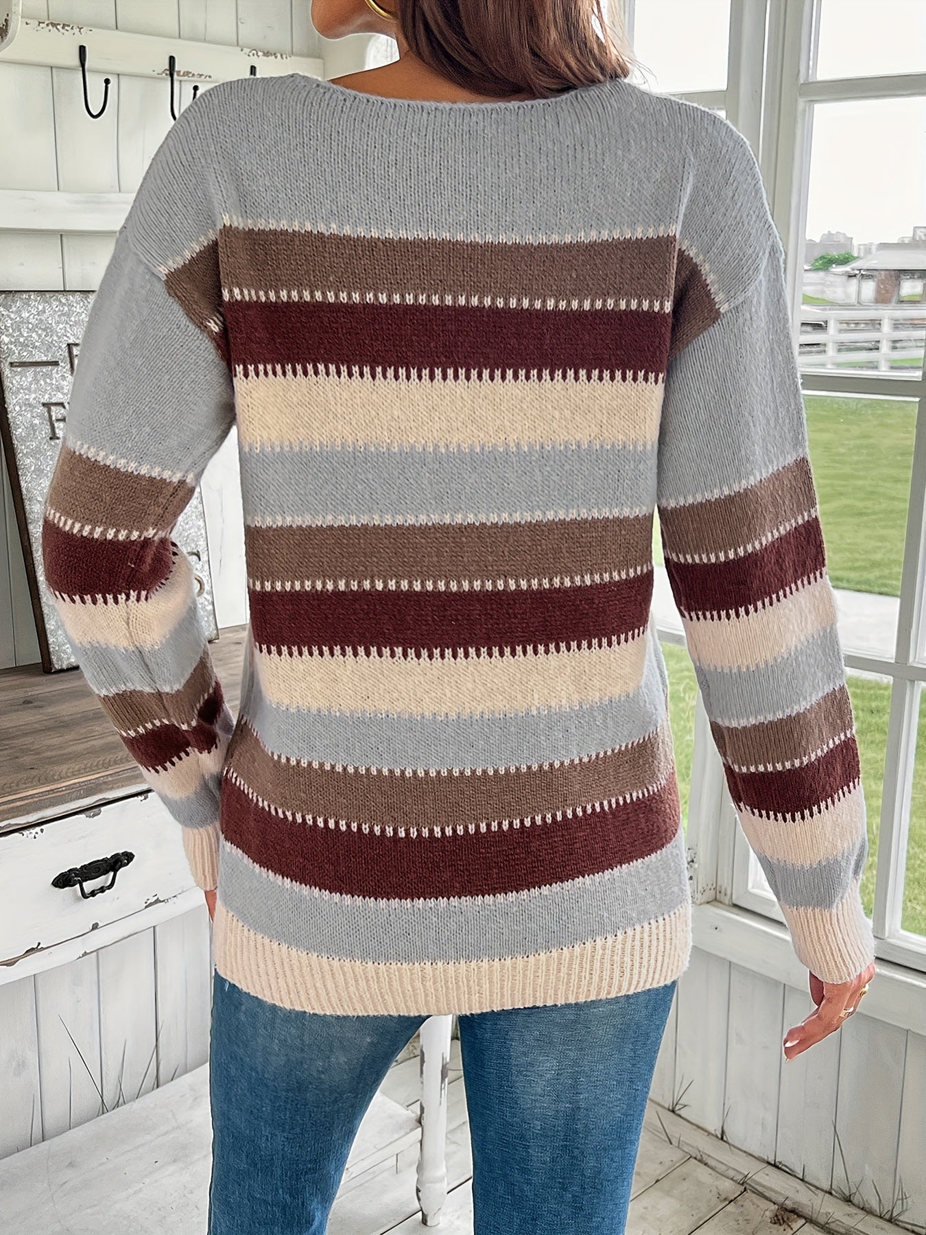 Maglione Donna Colorato Girocollo - Maglia a Maniche Lunghe con Spalle Scese