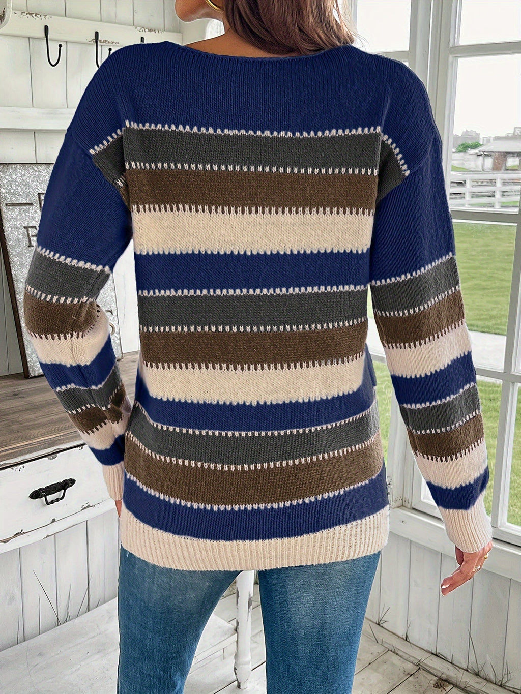 Maglione Donna Colorato Girocollo - Maglia a Maniche Lunghe con Spalle Scese