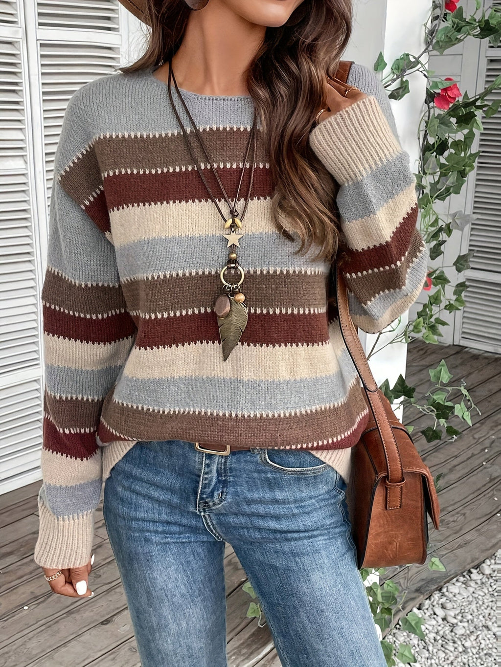 Maglione Donna Colorato Girocollo - Maglia a Maniche Lunghe con Spalle Scese