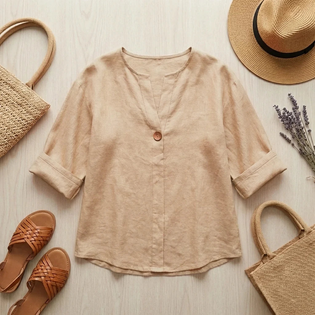 Tunica Donna in Misto Lino con Scollo a V – Blusa Comoda e Leggera