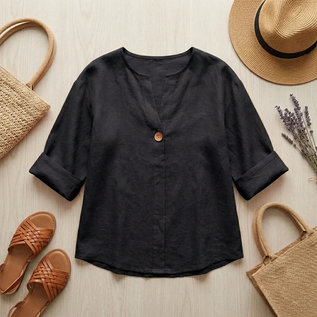 Tunica Donna in Misto Lino con Scollo a V – Blusa Comoda e Leggera
