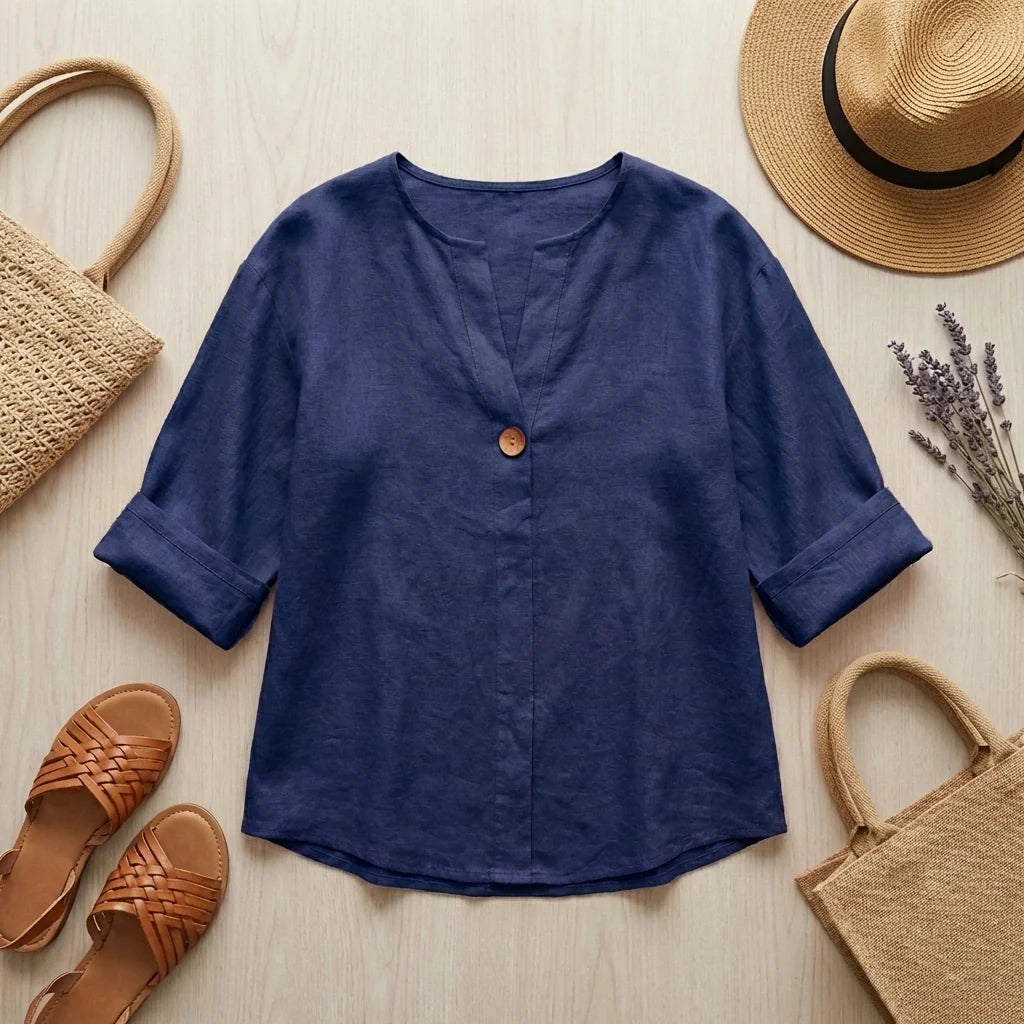 Tunica Donna in Misto Lino con Scollo a V – Blusa Comoda e Leggera