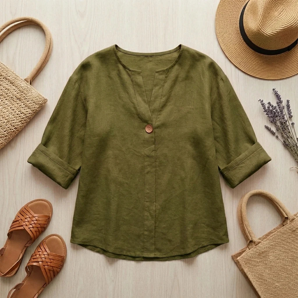 Tunica Donna in Misto Lino con Scollo a V – Blusa Comoda e Leggera