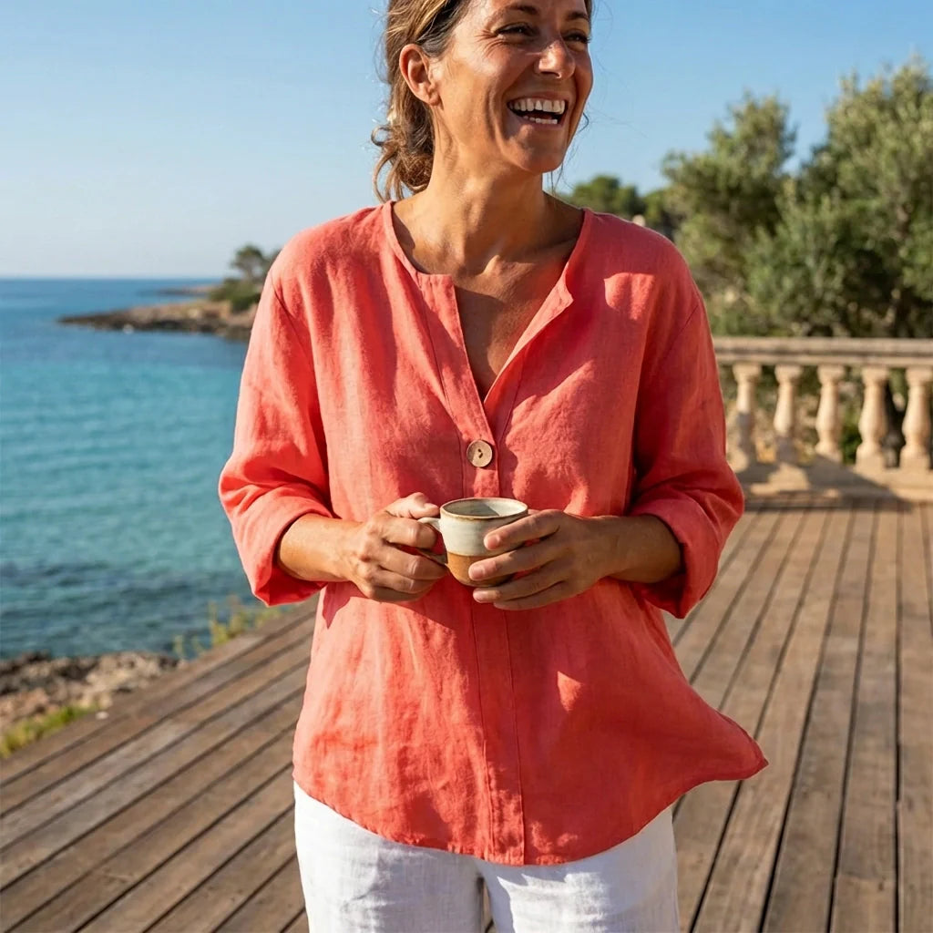 Tunica Donna in Misto Lino con Scollo a V – Blusa Comoda e Leggera
