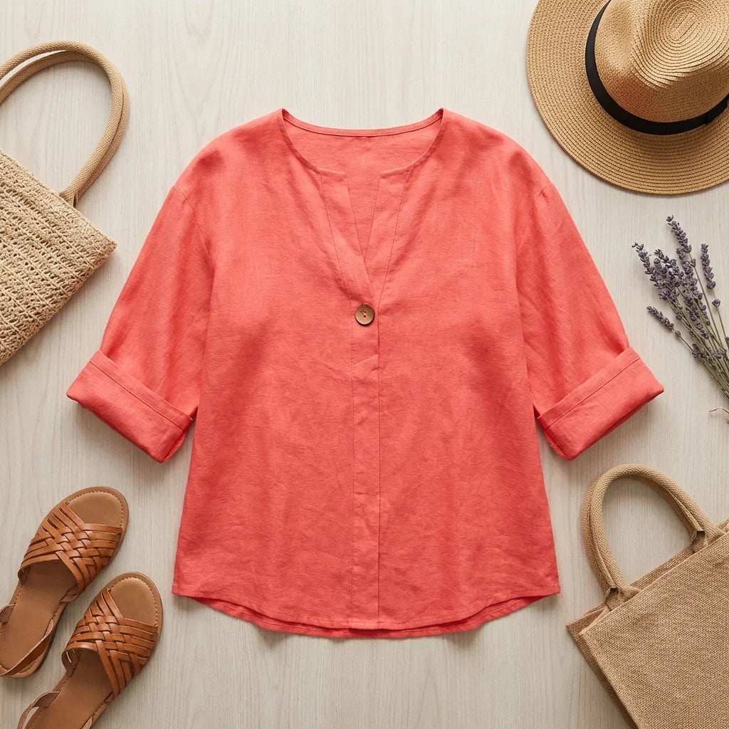 Tunica Donna in Misto Lino con Scollo a V – Blusa Comoda e Leggera