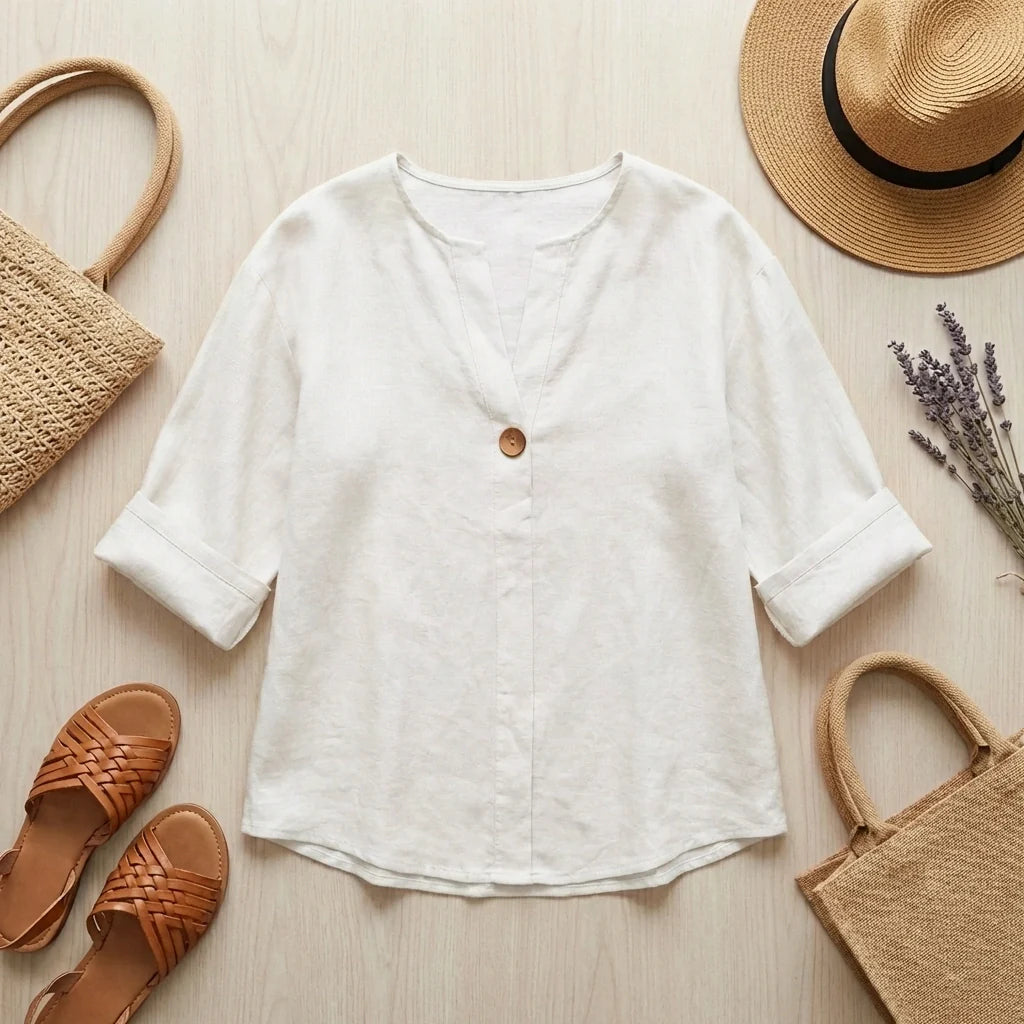 Tunica Donna in Misto Lino con Scollo a V – Blusa Comoda e Leggera