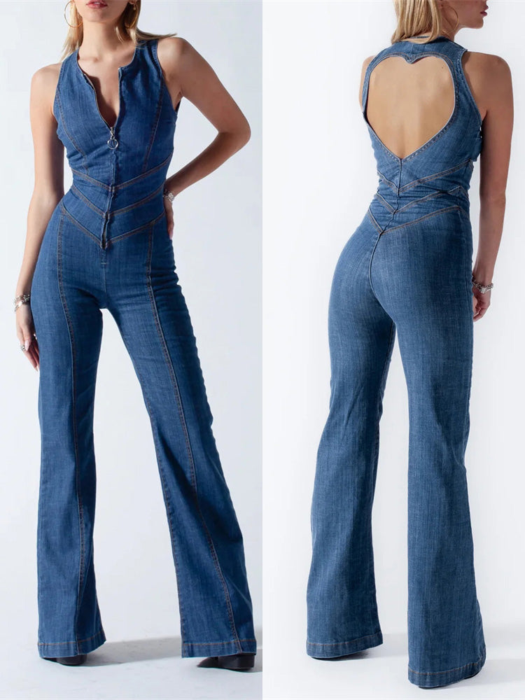 Tuta di jeans retrò aperta sul retro di tendenza da donna