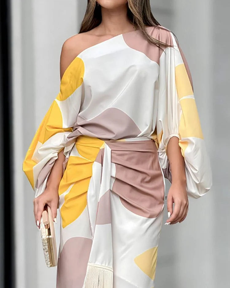 Abito midi donna monospalla – Vestito a portafoglio elegante con scollo asimmetrico