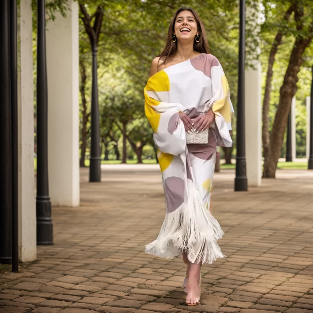 Abito midi donna monospalla – Vestito a portafoglio elegante con scollo asimmetrico