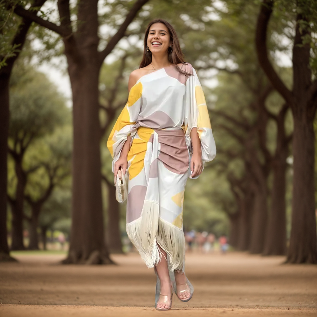 Abito midi donna monospalla – Vestito a portafoglio elegante con scollo asimmetrico