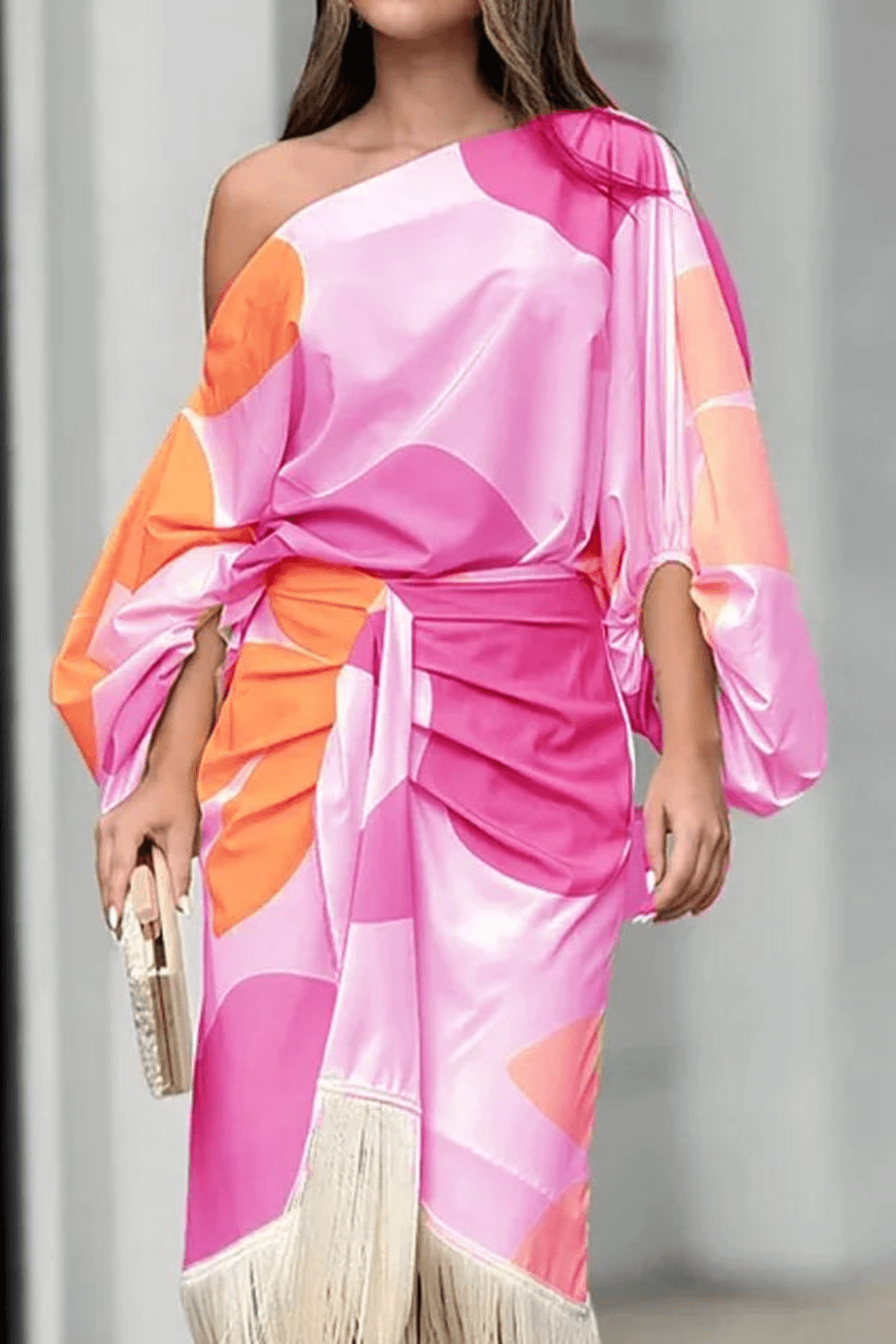 Abito midi donna monospalla – Vestito a portafoglio elegante con scollo asimmetrico