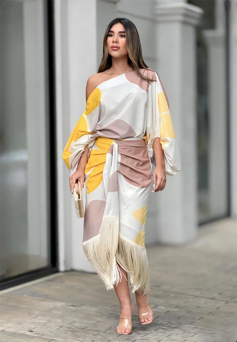 Abito midi donna monospalla – Vestito a portafoglio elegante con scollo asimmetrico