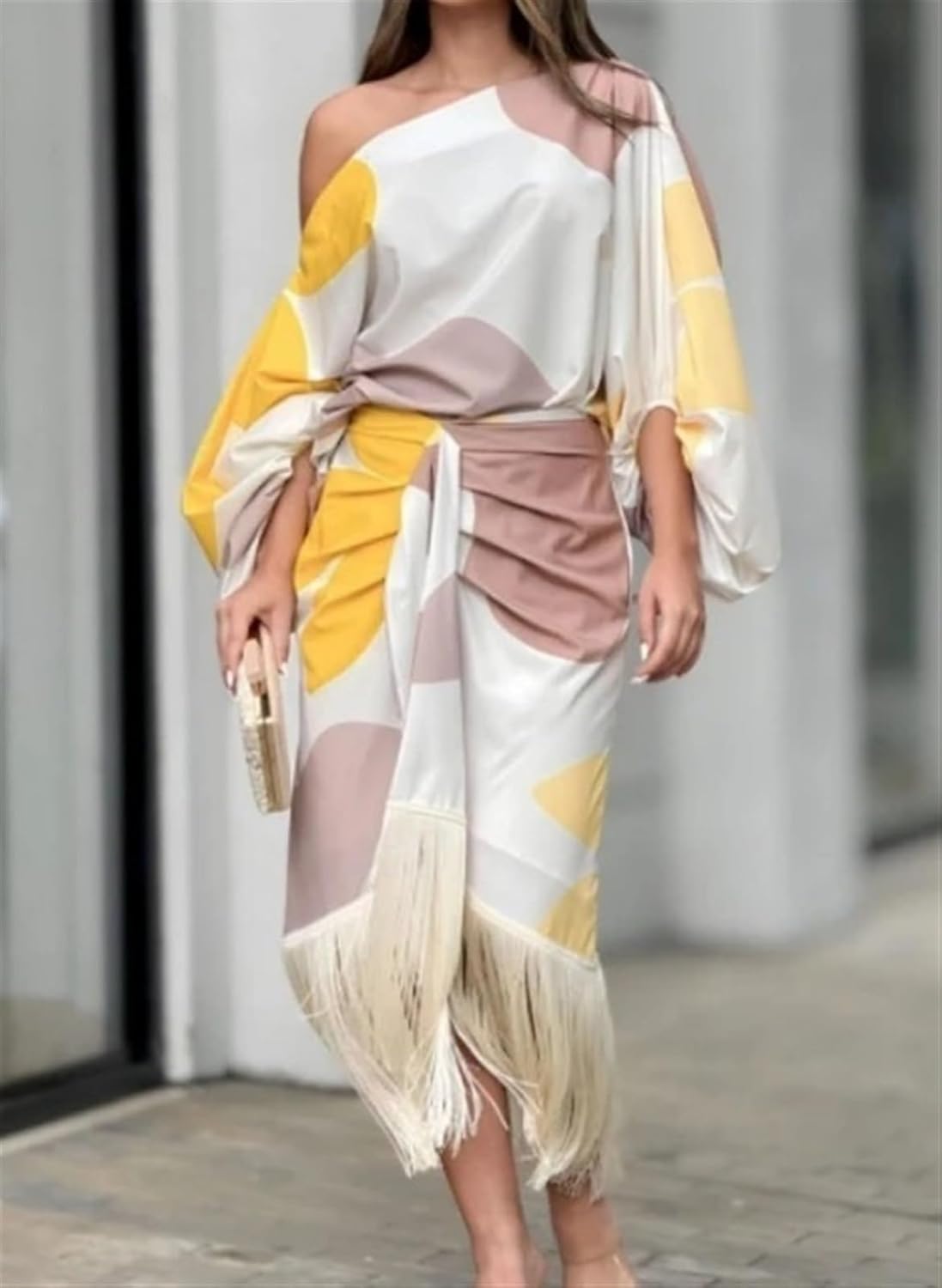Abito midi donna monospalla – Vestito a portafoglio elegante con scollo asimmetrico