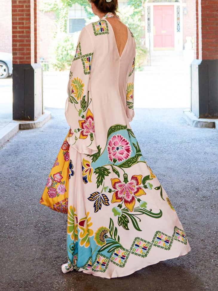 Abito maxi donna floreale a manica lunga – Vestito lungo con scollo alto fluente ed elegante