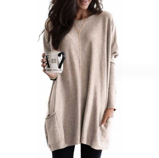 Abito in maglia da donna dalla vestibilità comoda – Maniche lunghe, scollo rotondo leggermente oversize