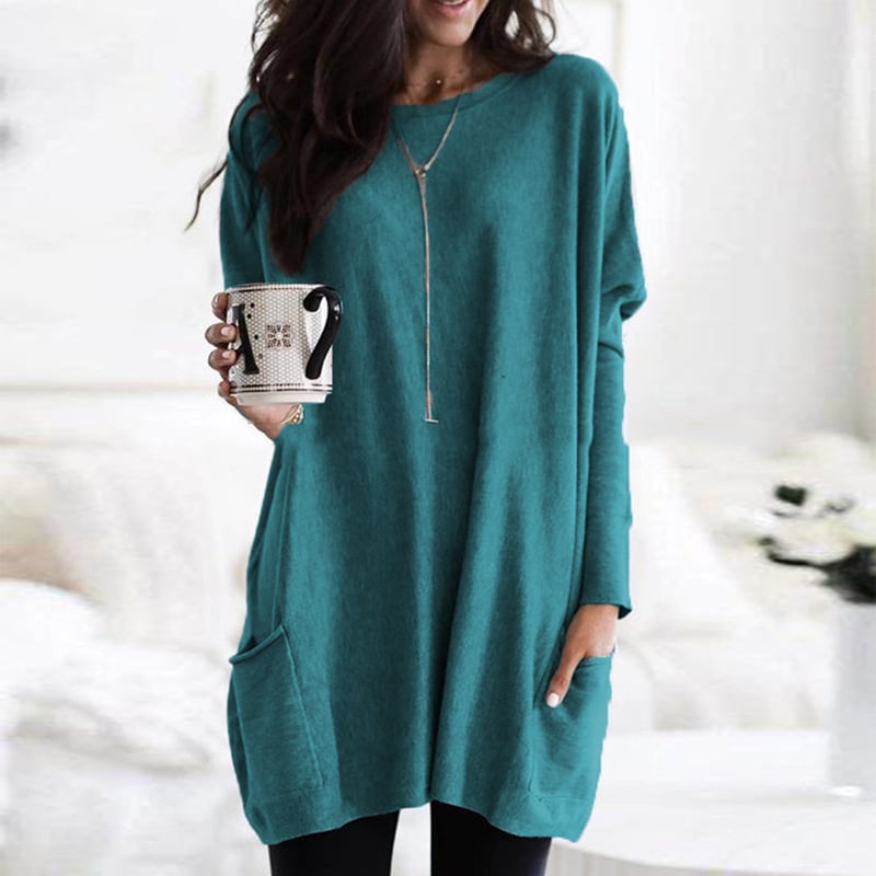 Abito in maglia da donna dalla vestibilità comoda – Maniche lunghe, scollo rotondo leggermente oversize