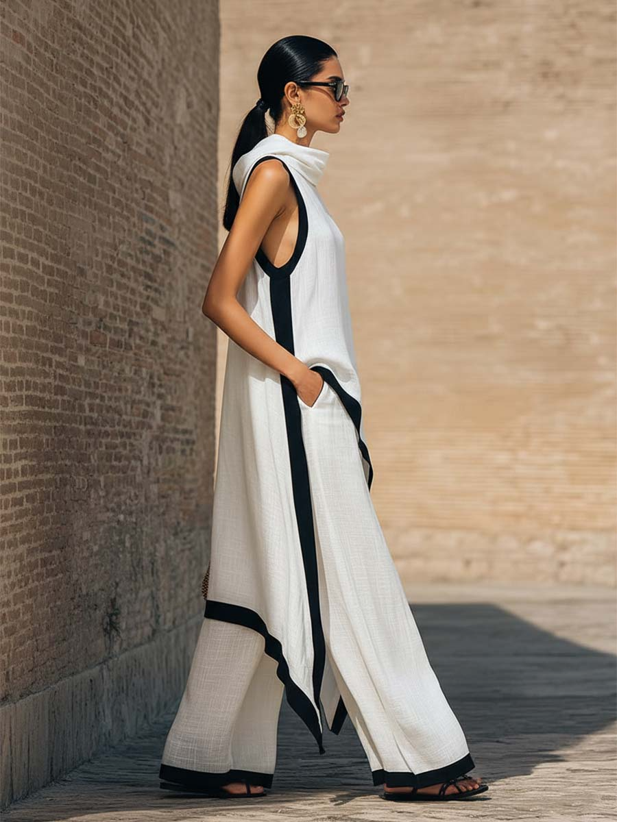 Completo elegante da donna in lino e cotone con finiture artistiche