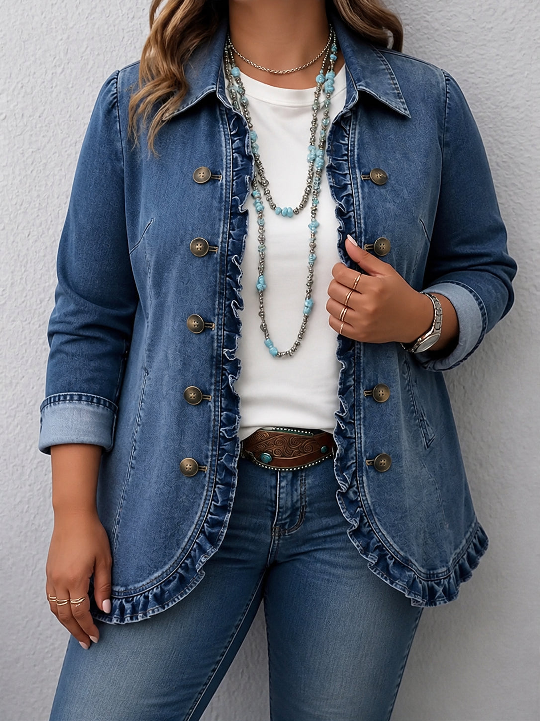 Veste en jean pour femme avec volants - Décontractée et féminine